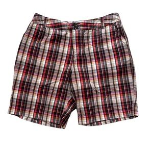 Cato Plaid Brown Orange Cream Pink 100% Cotton Bermuda Shorts 9” inseam Size 14